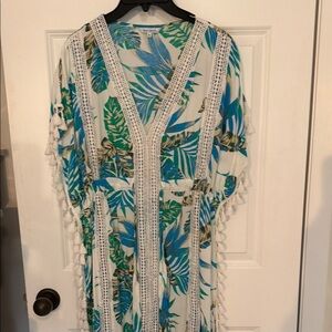 blue island Tropical Leaf Tassel Swim Coverup in Blue & Green
